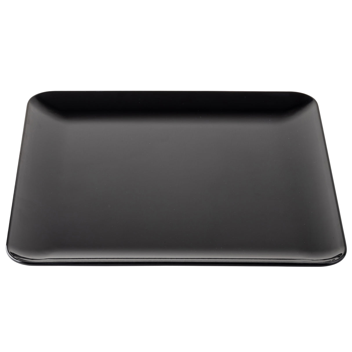 A plain, glossy black rectangular serving platter with slightly rounded corners and raised edges, photographed from above on a white background. The plate is empty and has a modern, minimalist design.