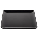 A plain, glossy black rectangular serving platter with slightly rounded corners and raised edges, photographed from above on a white background. The plate is empty and has a modern, minimalist design.