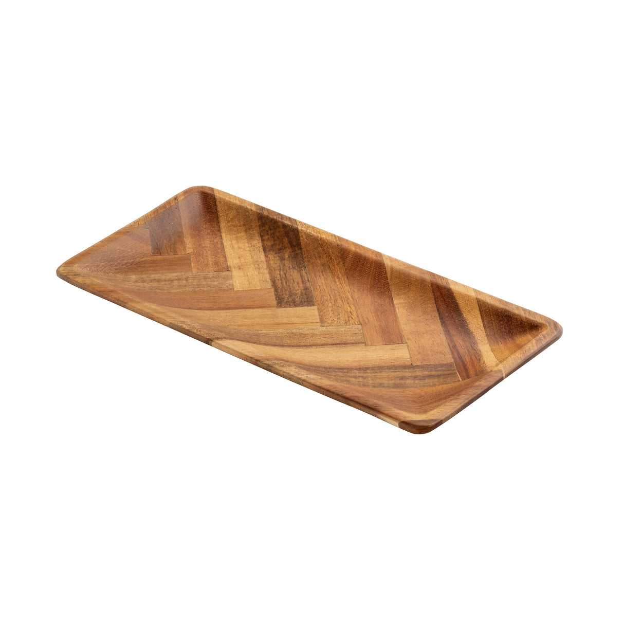 A rectangular wooden tray with slightly raised sides, this Acacia Serving Plate features a striking herringbone pattern of light and dark wood tones. It sits on a white background, emphasizing the natural wood grain and texture.