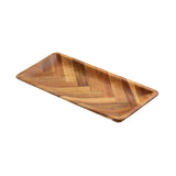 A rectangular wooden tray with slightly raised sides, this Acacia Serving Plate features a striking herringbone pattern of light and dark wood tones. It sits on a white background, emphasizing the natural wood grain and texture.