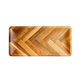 Rectangular Acacia Serving Plate with rounded corners. The herringbone pattern highlights natural wood grain in warm brown tones, giving this tray a geometric and elegant look. Photographed on a white background.