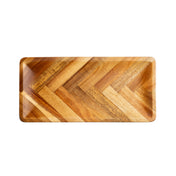 Rectangular Acacia Serving Plate with rounded corners. The herringbone pattern highlights natural wood grain in warm brown tones, giving this tray a geometric and elegant look. Photographed on a white background.