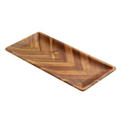 A rectangular Acacia serving plate with gently raised edges, featuring a smooth surface and a distinctive herringbone pattern from varying shades of natural acacia wood grain. The tray is empty and set against a plain white background.