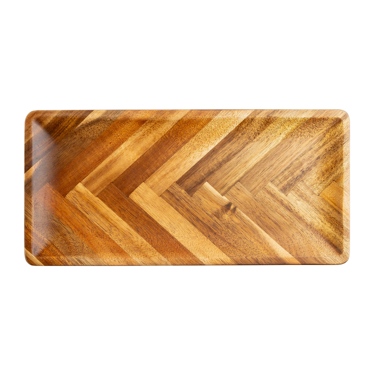 A rectangular serving plate with rounded corners, this Acacia serving plate showcases a herringbone pattern in light and dark brown acacia wood grains. The tray is empty and photographed against a white background.