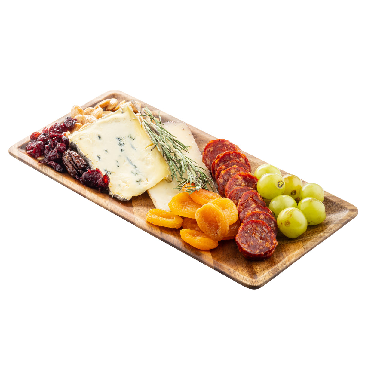A rectangular Acacia serving plate features blue cheese, sliced white cheese, chorizo slices, green grapes, dried apricots, mixed nuts, dried cranberries, and rosemary sprigs—all neatly arranged on a white background.