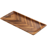 A rectangular acacia serving plate from the TableCraft Acacia Collection with rounded corners and slightly raised edges. Its chevron wood grain in various brown shades adds a warm, natural look. The empty tray rests against a white background.