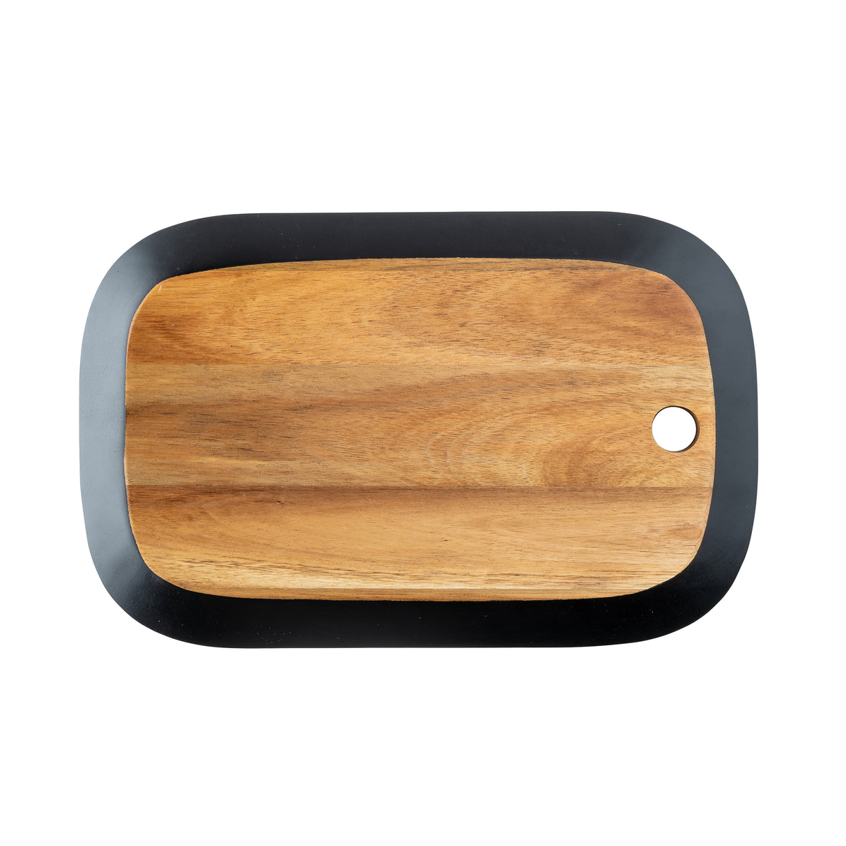 A rectangular serving board from the TableCraft Acacia Collection with rounded edges, a smooth surface, and a small circular hole in one corner. The thick black outer rim adds a modern touch against the plain white background.
