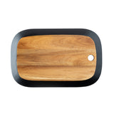 A rectangular serving board from the TableCraft Acacia Collection with rounded edges, a smooth surface, and a small circular hole in one corner. The thick black outer rim adds a modern touch against the plain white background.