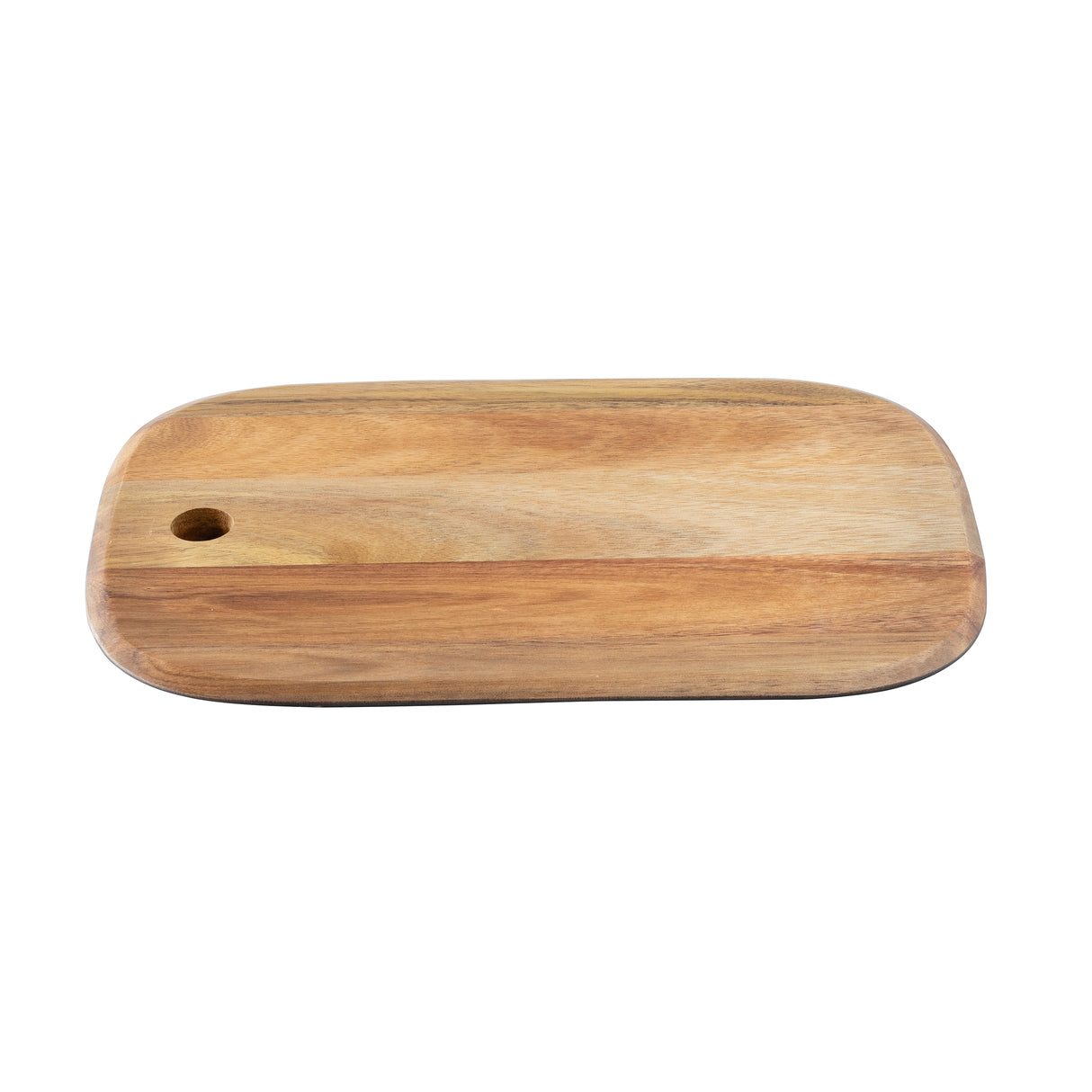 A rectangular serving board from the TableCraft Acacia Collection with rounded edges and a small circular hole in one corner, displayed on a white background. The smooth acacia wood features natural light brown grain patterns.