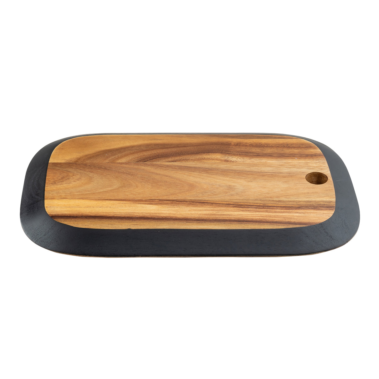 A rectangular Acacia serving board with rounded edges and a small round hole in one corner. The surface shows natural wood grain, bordered by a dark matte edge. Part of the TableCraft Acacia Collection, set against a plain white background.