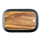 A rectangular serving board with rounded edges, a dark border, and a natural wood grain pattern. Part of the TableCraft Acacia Collection, it features a small round hole for hanging. The background is plain white.