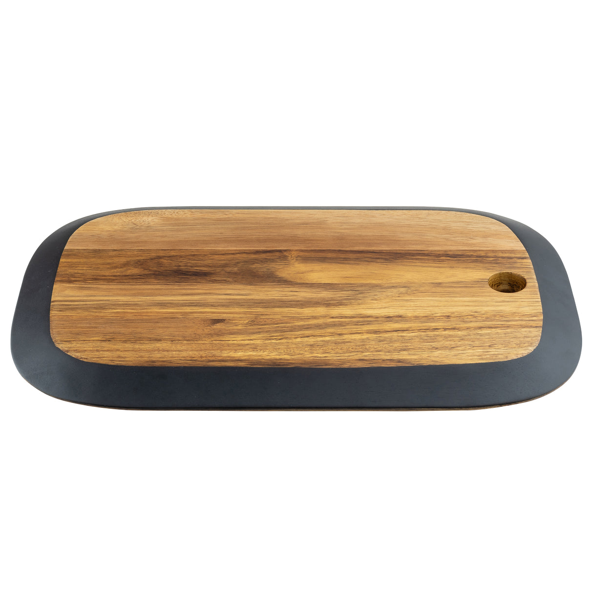 A rectangular Acacia serving board from the TableCraft Acacia Collection with rounded edges and a dark border. The natural wood grain patterns and a small round hole on the right add character. Photographed on a white background.
