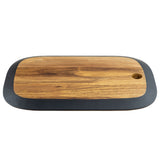 A rectangular Acacia serving board from the TableCraft Acacia Collection with rounded edges and a dark border. The natural wood grain patterns and a small round hole on the right add character. Photographed on a white background.