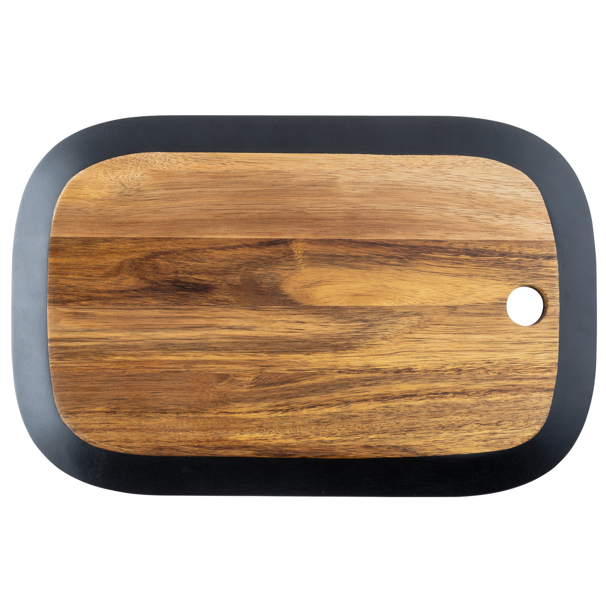 A rectangular serving board with rounded black edges and a small round hole in one corner, placed on a white background. The wood has a natural grain pattern, and the board appears smooth and polished—a stylish piece from TableCraft Products.