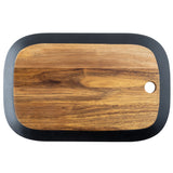 A rectangular serving board with rounded black edges and a small round hole in one corner, placed on a white background. The wood has a natural grain pattern, and the board appears smooth and polished—a stylish piece from TableCraft Products.