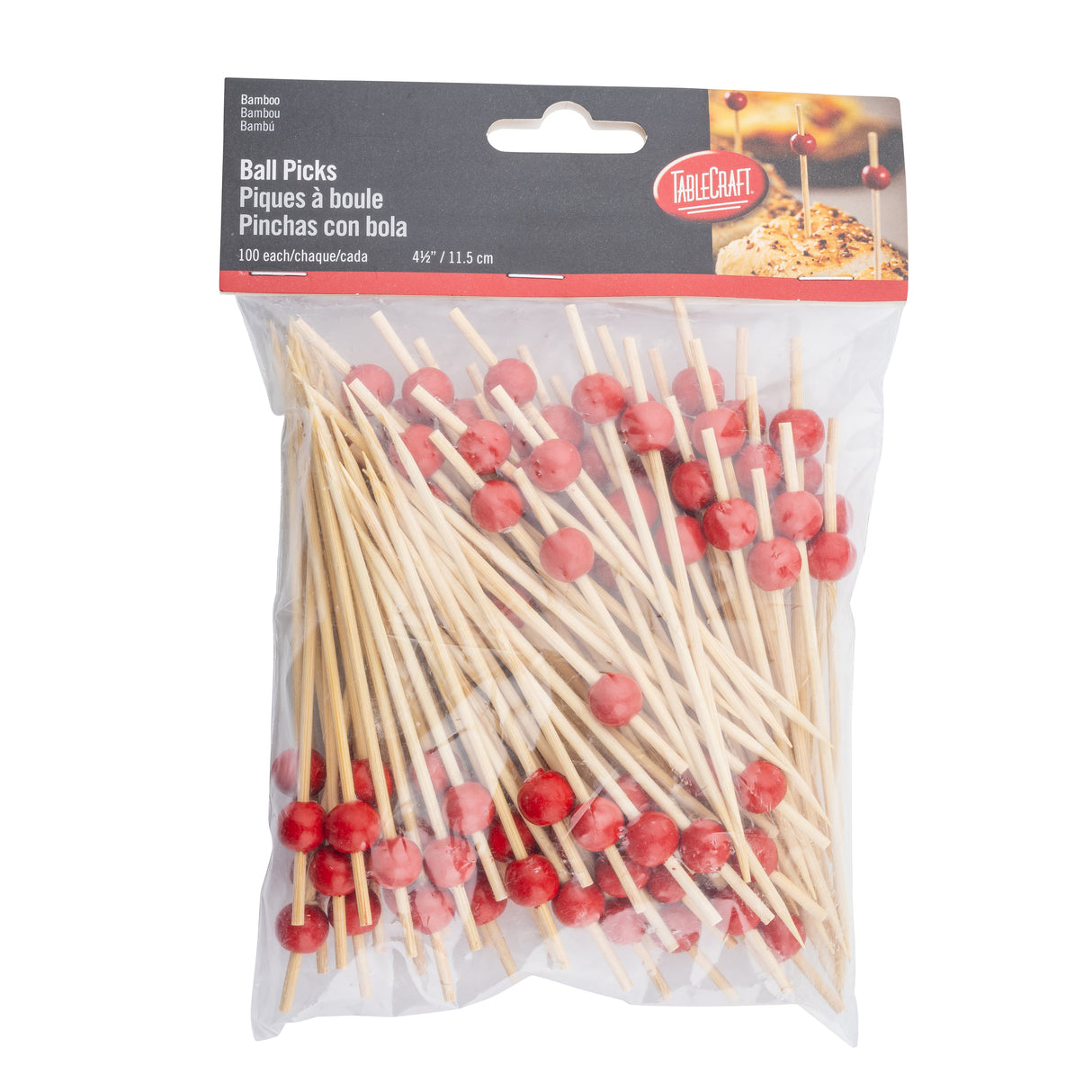 A clear plastic bag of TableCraft bamboo ball picks with red wooden balls on one end. The package, labeled “Ball Picks,” holds 100 picks, each 4.5 inches (11.5 cm) long, with the TableCraft brand on a black and red label at the top.