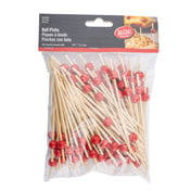 A clear plastic bag of TableCraft bamboo ball picks with red wooden balls on one end. The package, labeled “Ball Picks,” holds 100 picks, each 4.5 inches (11.5 cm) long, with the TableCraft brand on a black and red label at the top.