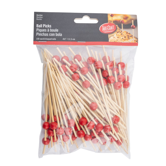 A clear plastic bag of TableCraft bamboo ball picks with red wooden balls on one end. The package, labeled “Ball Picks,” holds 100 picks, each 4.5 inches (11.5 cm) long, with the TableCraft brand on a black and red label at the top.