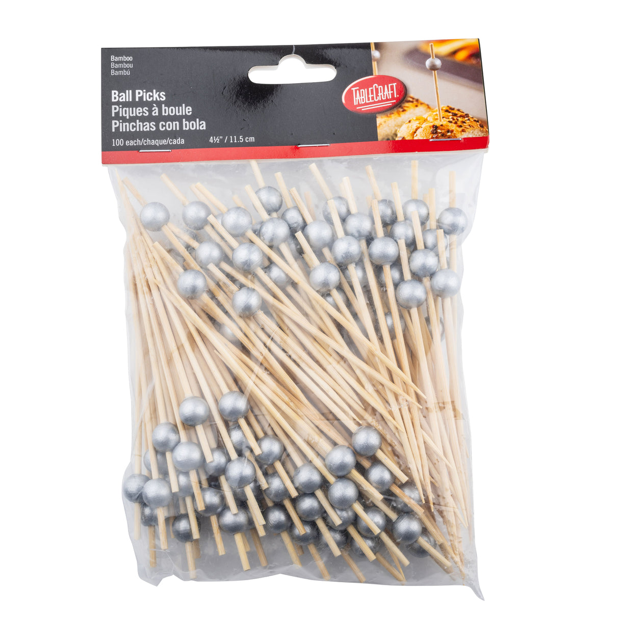 A clear plastic bag holds 100 TableCraft bamboo Ball Picks, each featuring a silver-colored ball on one end. The red and black label displays "Ball Picks" in English, French, and Spanish, plus the pick length: 4½ / 11.5 cm.