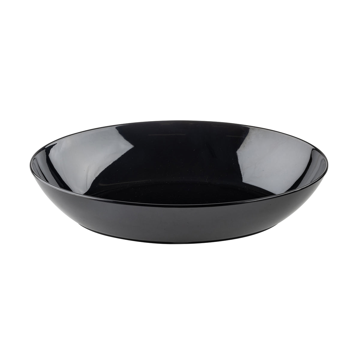 A shallow, round, glossy black Sierra Collection Bowl by TableCraft is shown on a plain white background. This melamine bowl features gently sloped sides, a smooth finish, and no visible patterns or decorations.