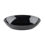 A shallow, round, glossy black Sierra Collection Bowl by TableCraft is shown on a plain white background. This melamine bowl features gently sloped sides, a smooth finish, and no visible patterns or decorations.