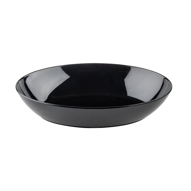 A shallow, round, glossy black Sierra Collection Bowl by TableCraft is shown on a plain white background. This melamine bowl features gently sloped sides, a smooth finish, and no visible patterns or decorations.