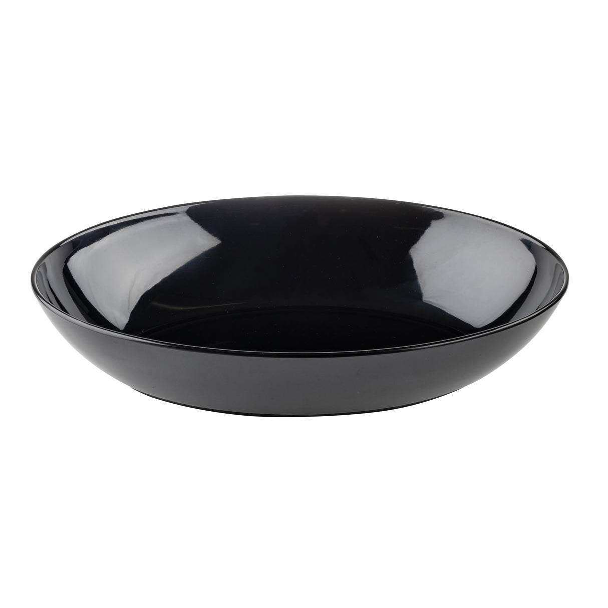 A shallow, round, glossy black melamine bowl with smooth edges. The bowl’s surface reflects light, showing white highlights inside, and it sits on a plain white background. This TableCraft Sierra Collection Bowl features a simple and modern design.