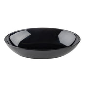 A shallow, round, glossy black melamine bowl with smooth edges. The bowl’s surface reflects light, showing white highlights inside, and it sits on a plain white background. This TableCraft Sierra Collection Bowl features a simple and modern design.