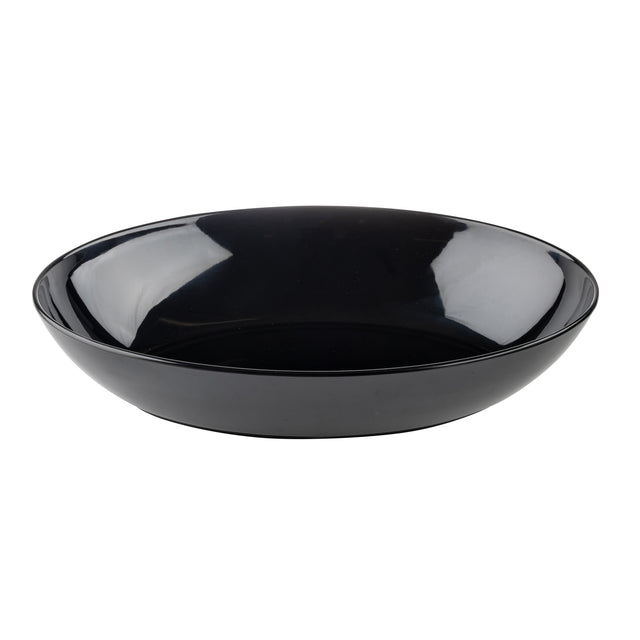 A shallow, round, glossy black melamine bowl with smooth edges. The bowl’s surface reflects light, showing white highlights inside, and it sits on a plain white background. This TableCraft Sierra Collection Bowl features a simple and modern design.