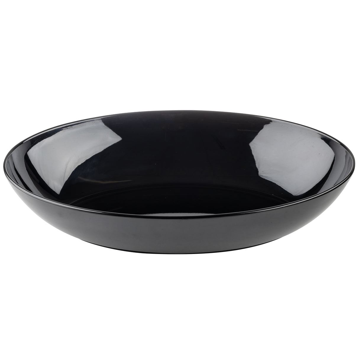 A glossy black, shallow melamine bowl with smooth sides and a wide rim, shown on a plain white background. The reflective surface highlights the curvature and sleek finish of this TableCraft Products Sierra Collection Bowl.