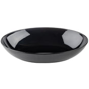 A glossy black, shallow melamine bowl with smooth sides and a wide rim, shown on a plain white background. The reflective surface highlights the curvature and sleek finish of this TableCraft Products Sierra Collection Bowl.