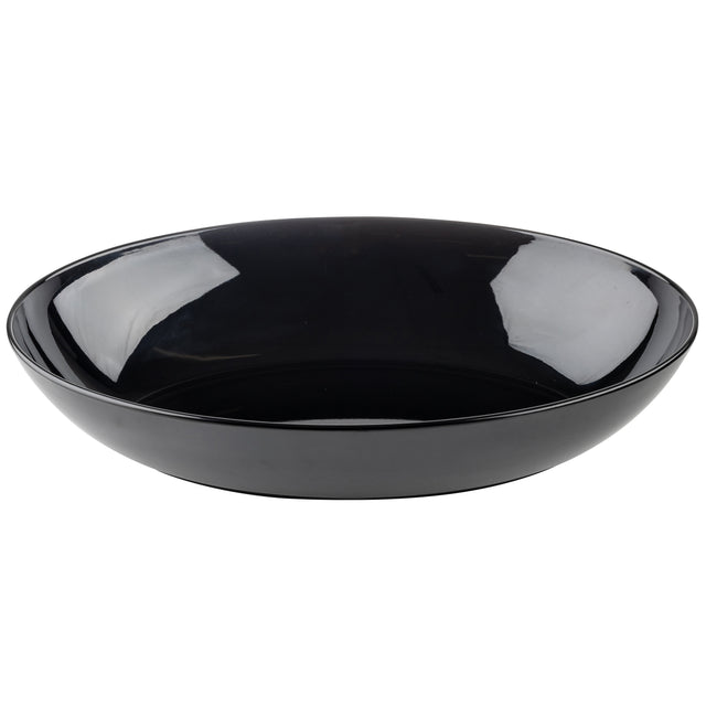 A glossy black, shallow melamine bowl with smooth sides and a wide rim, shown on a plain white background. The reflective surface highlights the curvature and sleek finish of this TableCraft Products Sierra Collection Bowl.