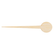 A wooden object with a flat, circular end and a long, thin, tapered handle—resembling TableCraft bamboo round picks—shows light, natural grain and smooth texture against a white background. Perfect for stylish presentation; available in a pack of 100.