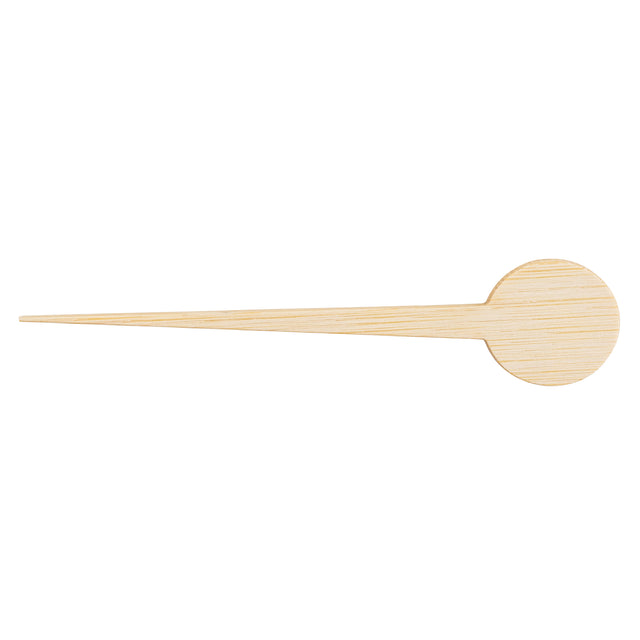 A wooden object with a flat, circular end and a long, thin, tapered handle—resembling TableCraft bamboo round picks—shows light, natural grain and smooth texture against a white background. Perfect for stylish presentation; available in a pack of 100.