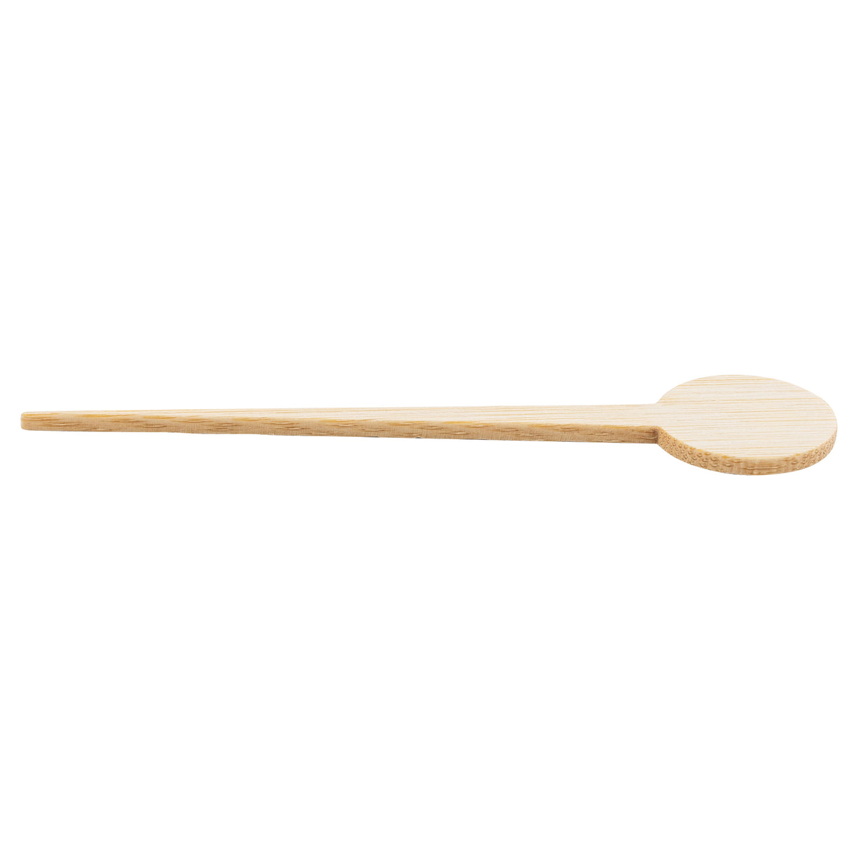 A light-colored wooden spoon with a long, straight handle and a flat, round head, photographed on a white background. This TableCraft piece features a simple, minimalist design and smooth texture—an elegant match for bamboo round picks.