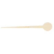 A light-colored bamboo pick with a sharp point at one end and a flat, round disc at the other. The wood grain is visible, highlighting the quality of these TableCraft round picks against a plain white background.