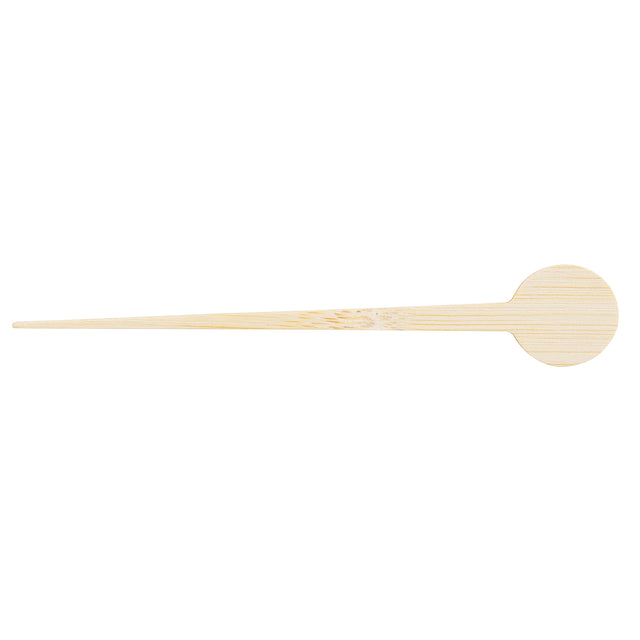 A light-colored bamboo pick with a sharp point at one end and a flat, round disc at the other. The wood grain is visible, highlighting the quality of these TableCraft round picks against a plain white background.