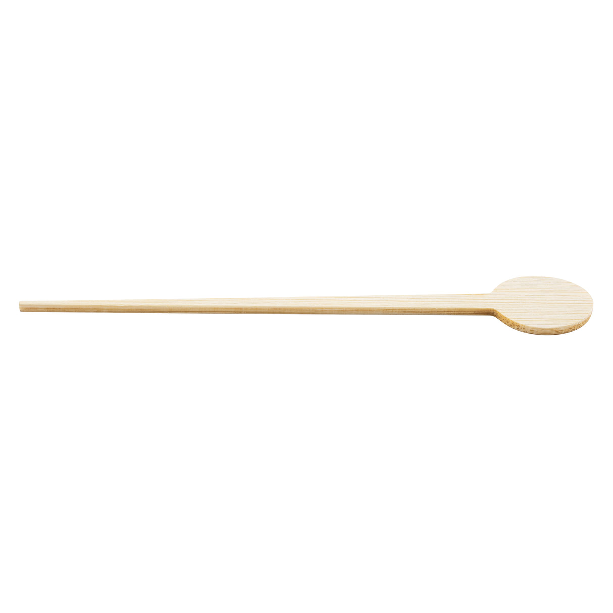 A plain, light-colored wooden spoon with a long, straight handle and a flat, round head is shown against a white background. The simple design, similar to TableCraft’s bamboo picks, emphasizes the natural wood grain and smooth texture of the utensil.