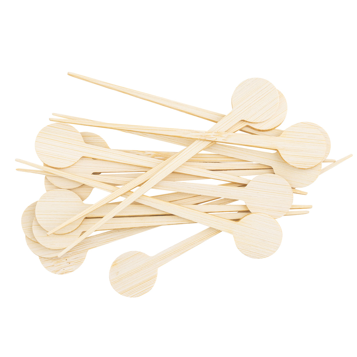 A pile of light-colored TableCraft bamboo picks, each with a pointed end and a flat, round paddle on the other end, arranged in a scattered stack on a white background.