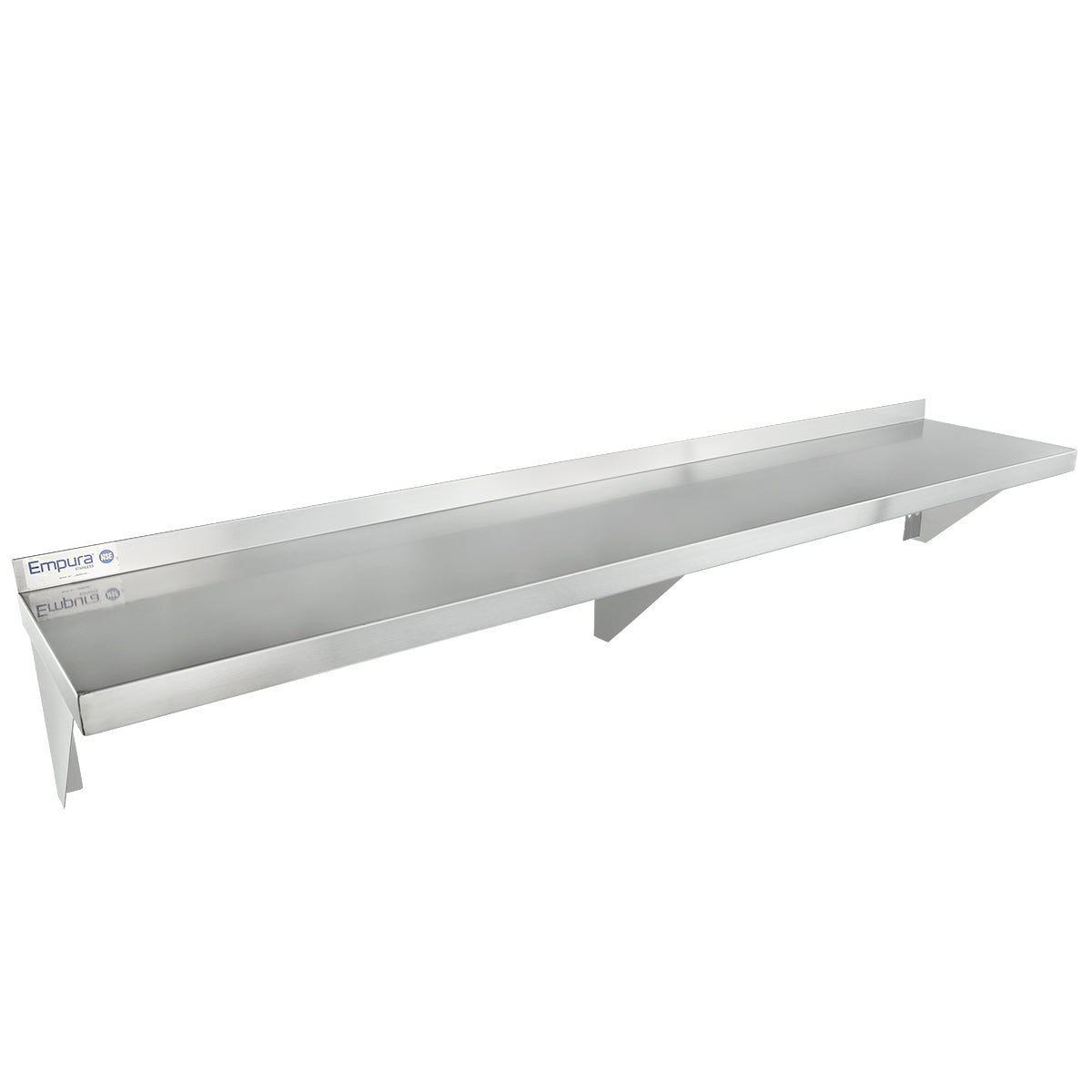 A long, NSF-certified wall mount storage shelf with a raised back edge and angled support brackets. The stainless steel shelf is empty, labeled Empura and Eubrus, featuring an industrial and functional design.