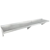 A long, NSF-certified wall mount storage shelf with a raised back edge and angled support brackets. The stainless steel shelf is empty, labeled Empura and Eubrus, featuring an industrial and functional design.
