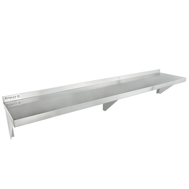 A long, NSF-certified wall mount storage shelf with a raised back edge and angled support brackets. The stainless steel shelf is empty, labeled Empura and Eubrus, featuring an industrial and functional design.