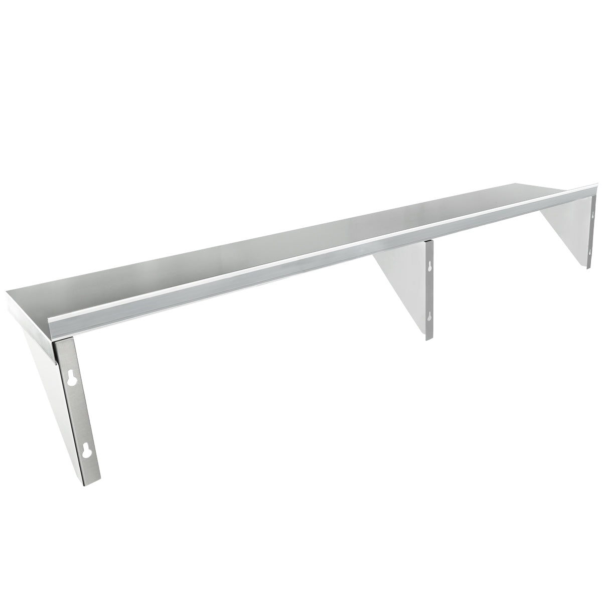 A long, rectangular NSF stainless steel shelf with three triangular support brackets underneath, mounted at equal intervals. This wall mount storage shelf features a smooth silver finish and keyhole slots for easy wall attachment. The background is plain white.