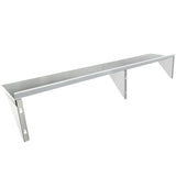 A long, rectangular NSF stainless steel shelf with three triangular support brackets underneath, mounted at equal intervals. This wall mount storage shelf features a smooth silver finish and keyhole slots for easy wall attachment. The background is plain white.