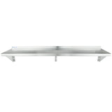 A long, NSF certified stainless steel shelf with a raised back edge and three triangular support brackets. This wall mount storage shelf features a smooth, reflective surface and is mounted horizontally against a plain white background.