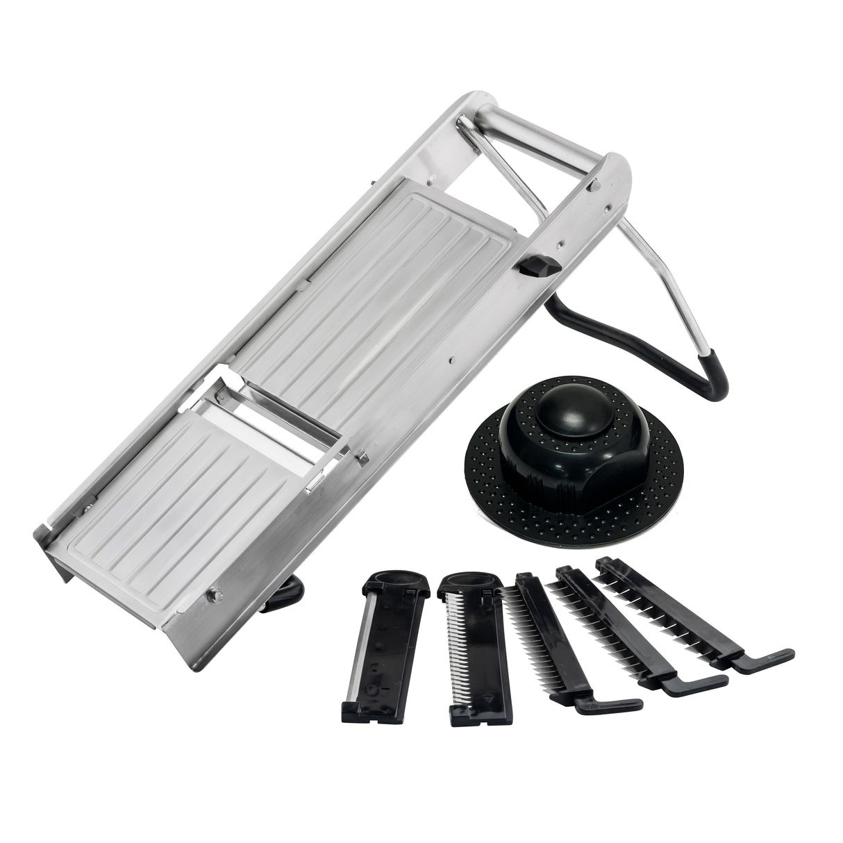 The TableCraft Mandoline Slicer Set features a stainless steel mandoline with an angled blade, foldable legs, a round black hand guard, and five interchangeable blade attachments for versatile slicing and julienning thicknesses.