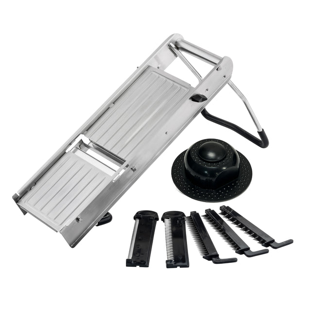 The TableCraft Mandoline Slicer Set features a stainless steel mandoline with an angled blade, foldable legs, a round black hand guard, and five interchangeable blade attachments for versatile slicing and julienning thicknesses.
