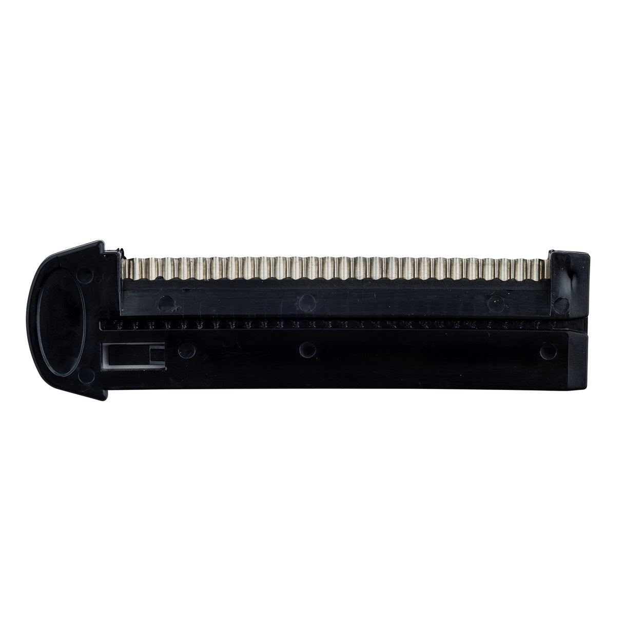 A black firearm magazine lies flat, loaded with several brass-colored bullets. Its rounded end features a textured grip, and the straight edge rests on a plain white background—reminiscent of the sleek lines of a stainless steel mandoline.