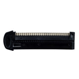 A black firearm magazine lies flat, loaded with several brass-colored bullets. Its rounded end features a textured grip, and the straight edge rests on a plain white background—reminiscent of the sleek lines of a stainless steel mandoline.