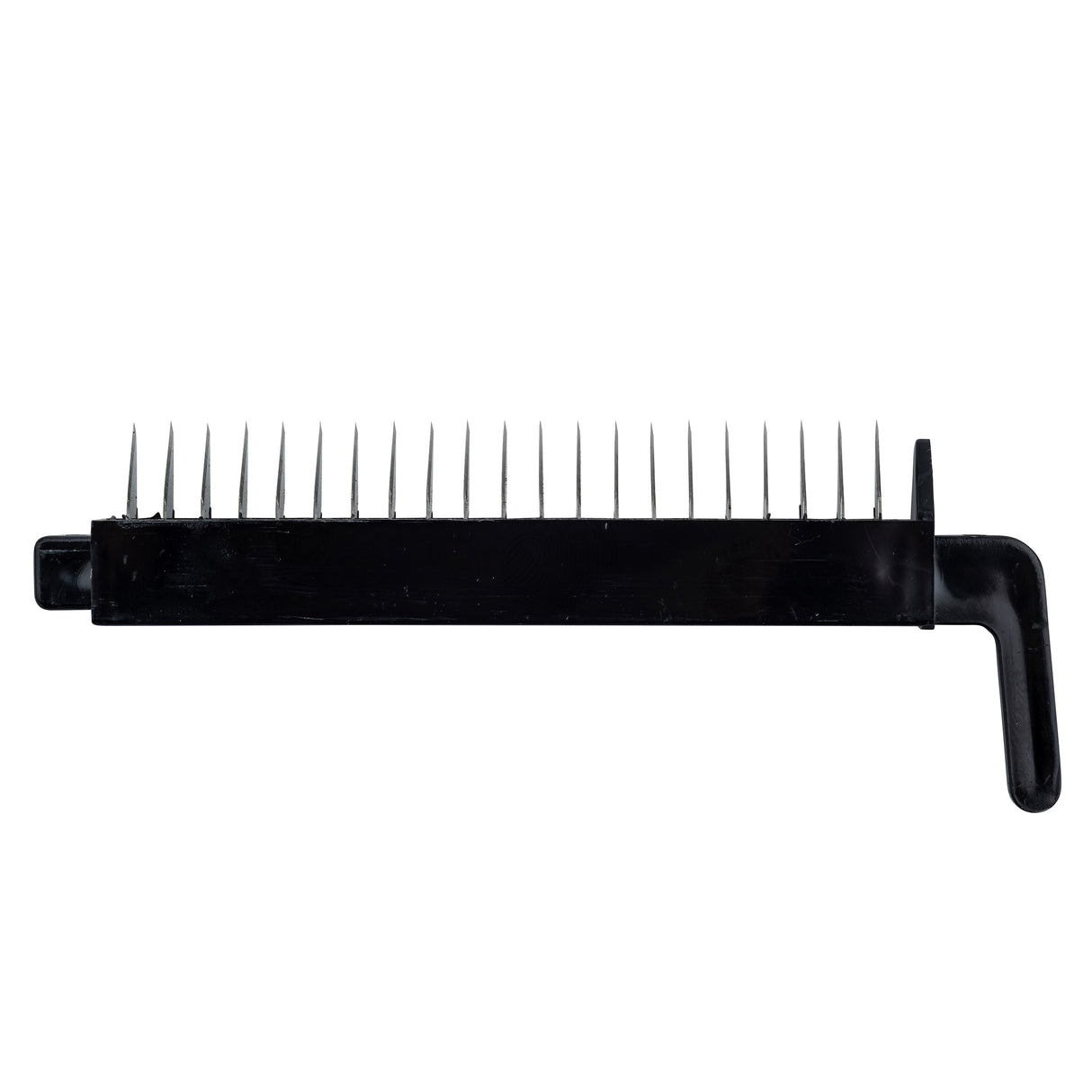 A black comb-like tool, resembling a TableCraft stainless steel mandoline, features long, evenly spaced metal tines projecting upward from its flat base with a handle on the right side, set against a white background.